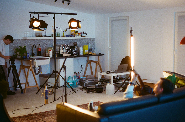 Living room film set with lights